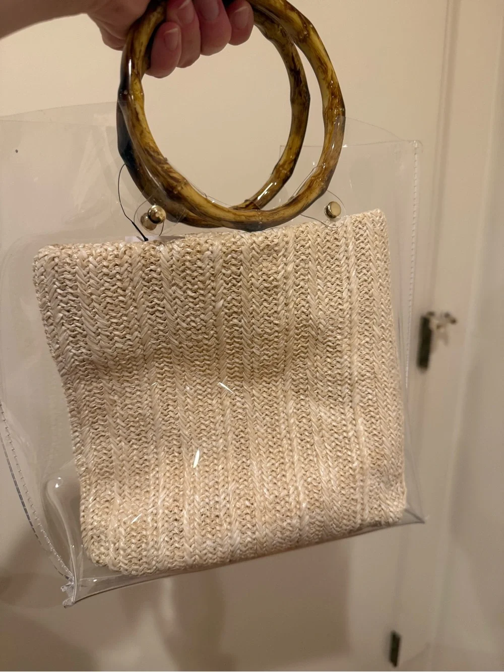 Clear Tote Bag with Woven Straw Insert and Tortoiseshell Handles